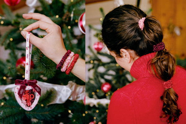 A split-screen lifestyle image showing three silk scrunchie hair ties in use. The left panel shows a hand holding a heart-shaped Christmas ornament with scrunchies inside.