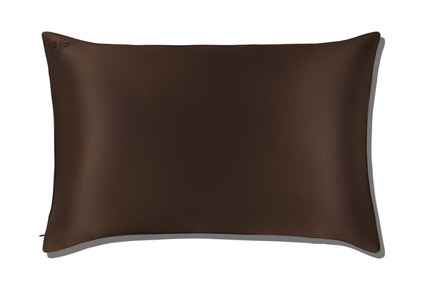 A dark chocolate brown silk pillowcase, shown from a top-down perspective on a white background with a soft drop shadow.