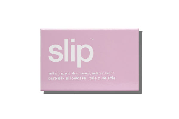 A lilac slip silk queen pillowcase branded packaging on a white background.