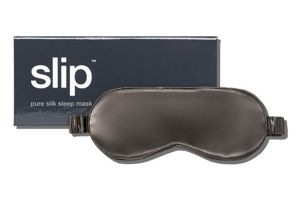 A charcoal slip silk sleep mask with branded box on a white background.