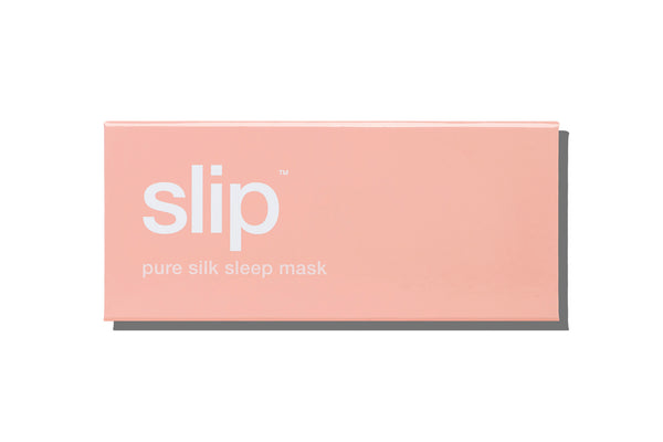 A pink slip silk sleep mask branded box on a white background.