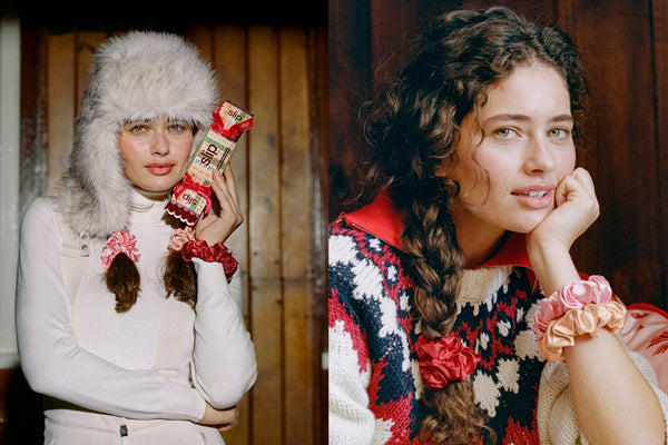 A split-screen lifestyle image featuring a model in a white faux-fur hat holding a holiday patterned cracker, next to a close-up of the model wearing red, peach and pink silk scrunchies.