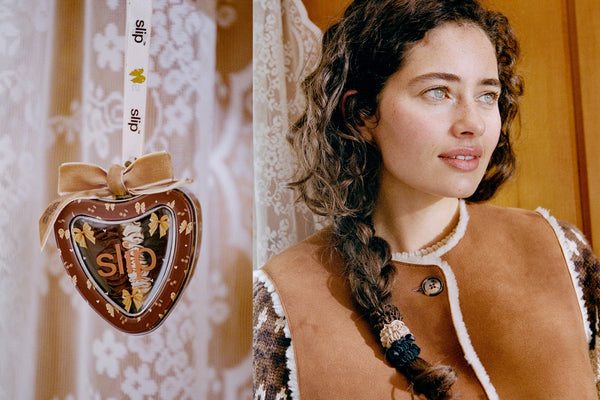 A split image showing a heart-shaped decorative ornament on the left and a woman wearing three silk scrunchies in her hair on the right. The ornament has a ribbon loop and a brown velvet bow.