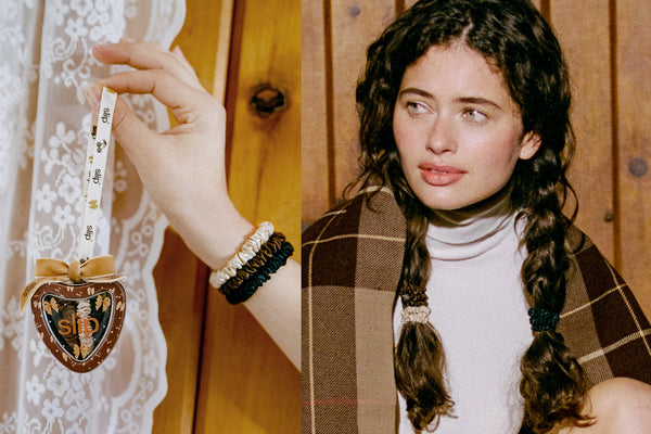 A split-screen lifestyle image showing a person with dark braided hair wearing brown, blonde and black skinny scrunchies, alongside a close-up of a hand holding a heart-shaped ornament with a white printed ribbon.