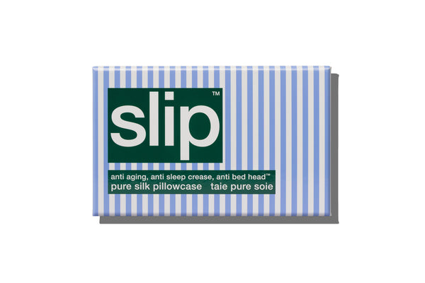 Packaging of a slip pure silk pillowcase with blue and white striped design on a white background
