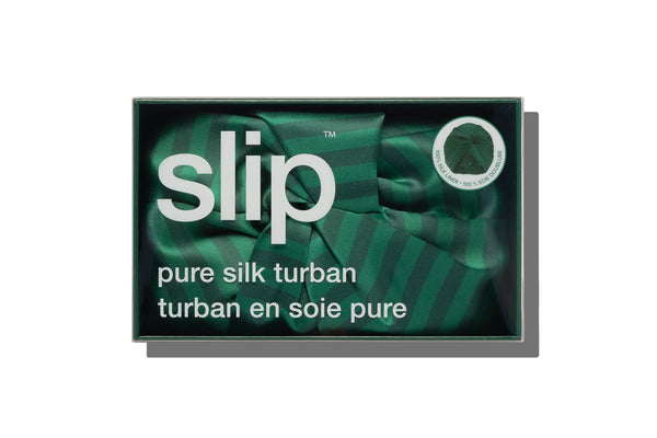 Green silk turban in a slip branded box on a white background